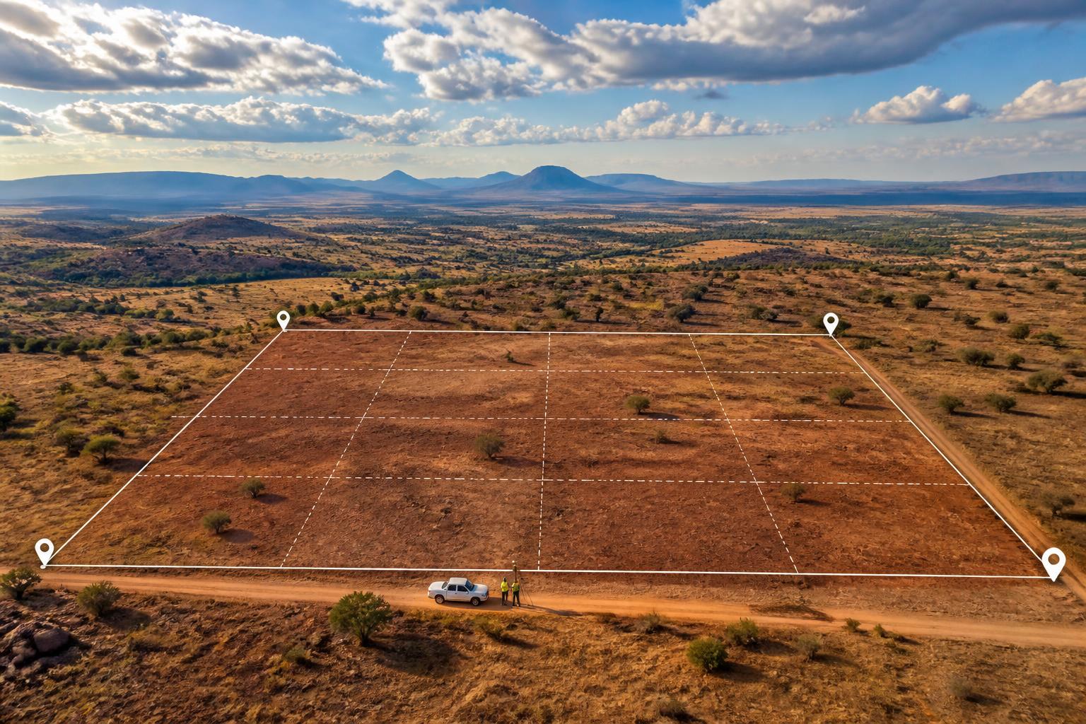 Aerial view of land plot with surveyor markers